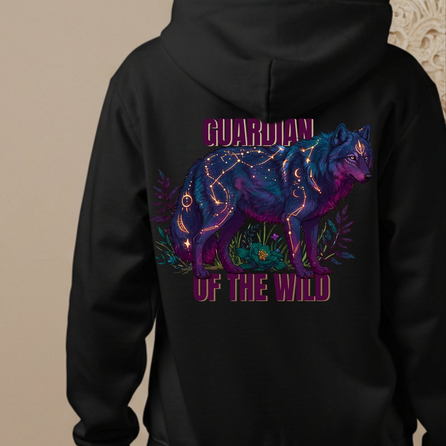 Guardian of the Wild Hoodie | Celestial Wolf in Teal & Maroon | Mystical Forest Vibes