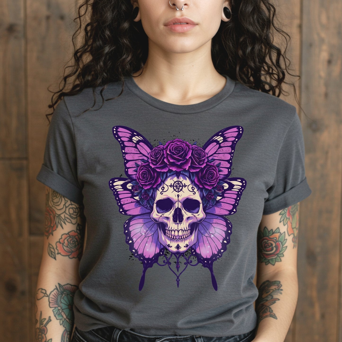 Crowned In Rebellion Skull Butterfly Rose Tee | Gothic Punk Witch Shirt | Alt Goth | Womens Cotton T-Shirt