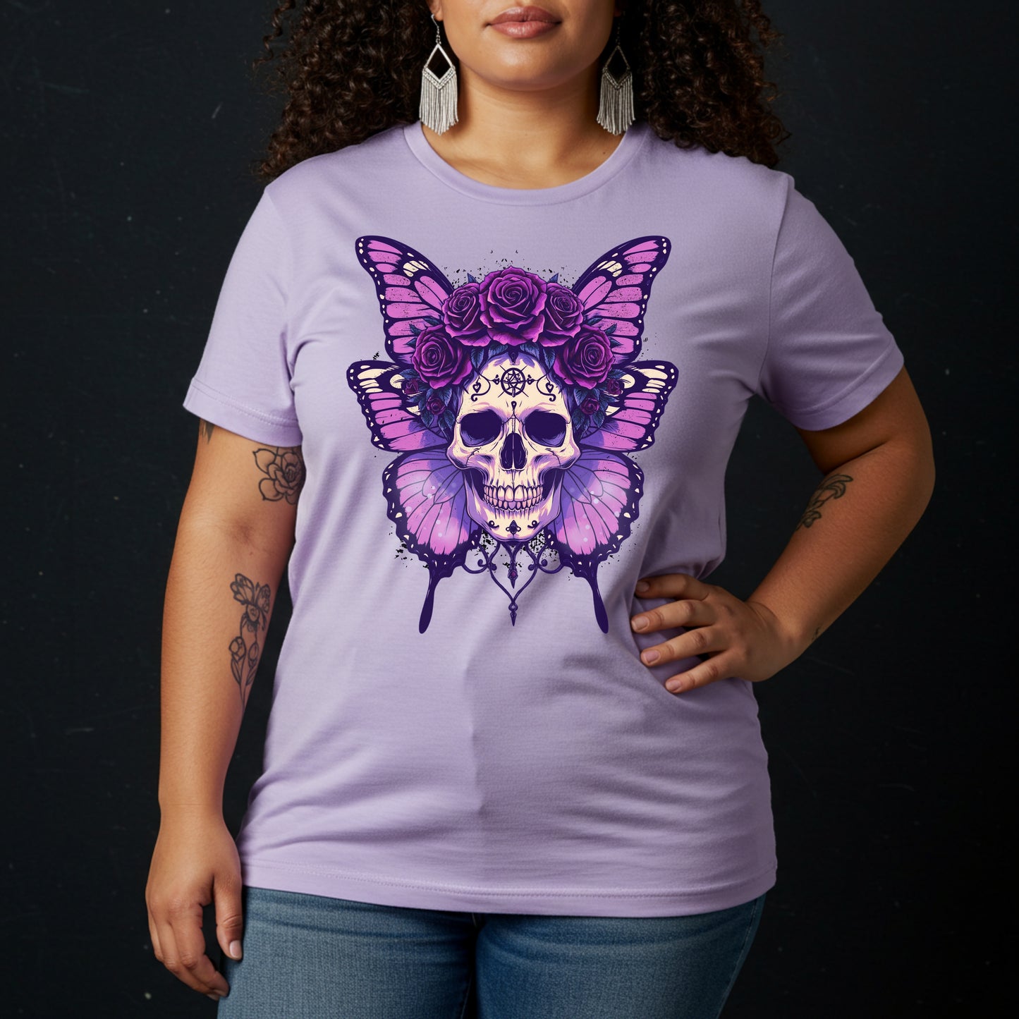 Crowned In Rebellion Skull Butterfly Rose Tee | Gothic Punk Witch Shirt | Alt Goth | Womens Cotton T-Shirt