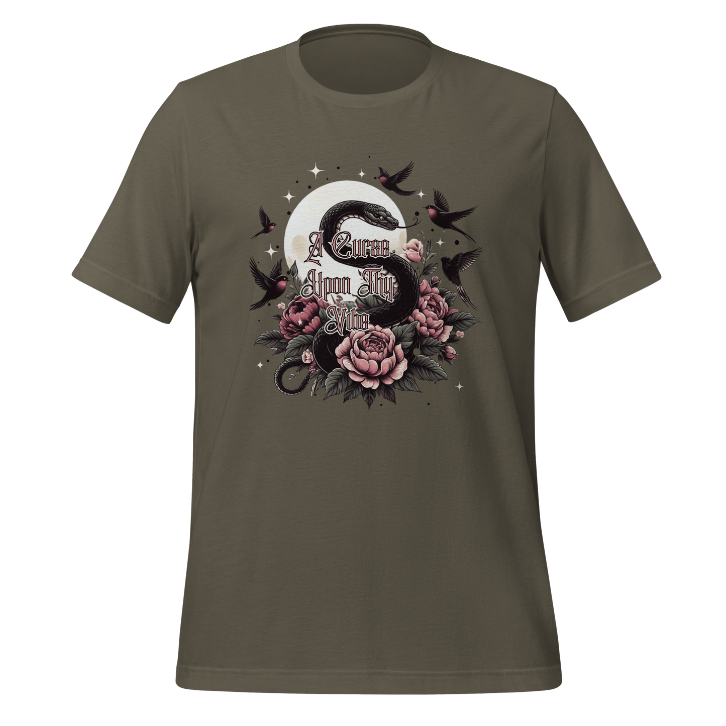 A Curse Upon Thy Vibe Tee | Snake Moon Tattoo Witch Shirt | Edgy Occult Floral | Womens Cotton T-Shirt