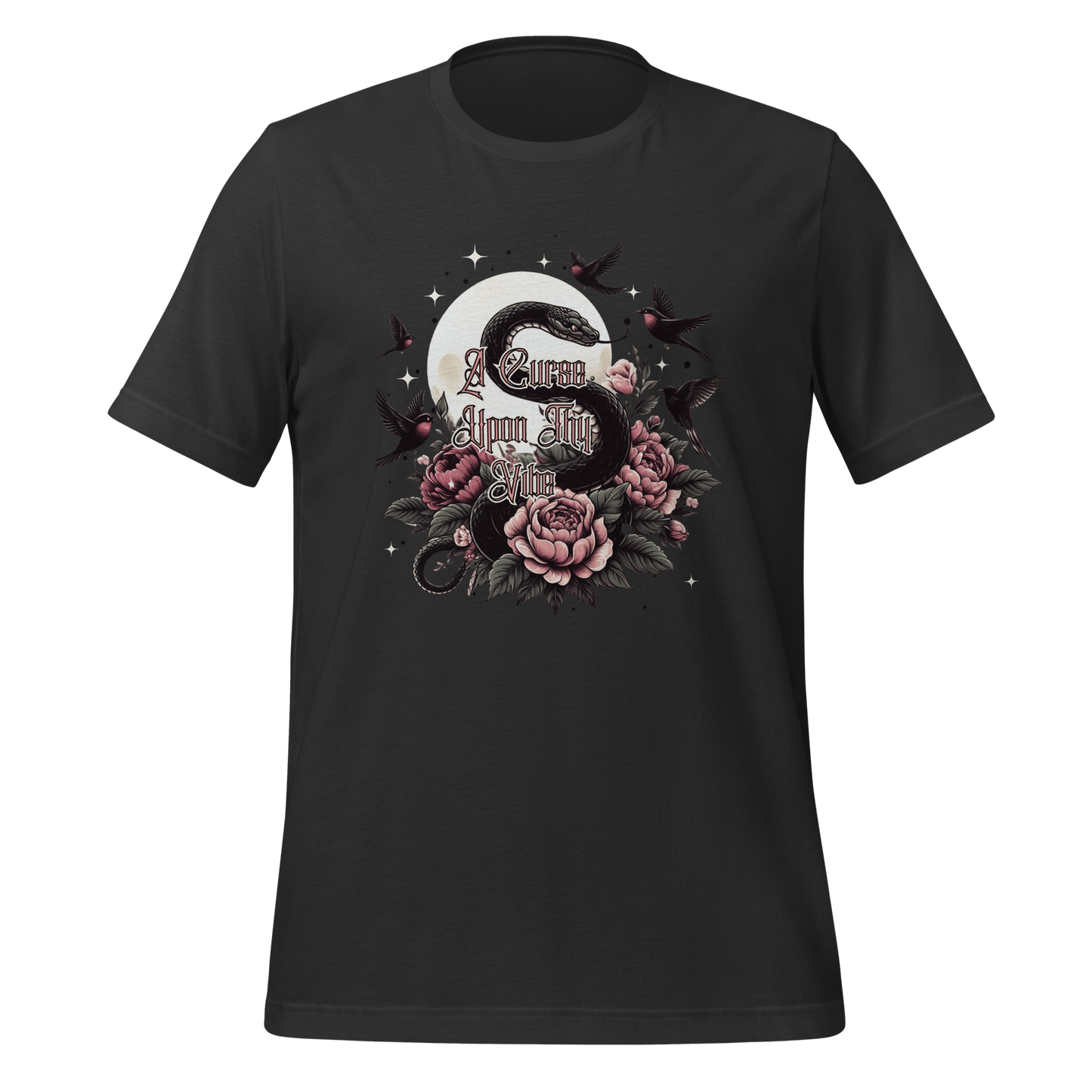 A Curse Upon Thy Vibe Tee | Snake Moon Tattoo Witch Shirt | Edgy Occult Floral | Womens Cotton T-Shirt