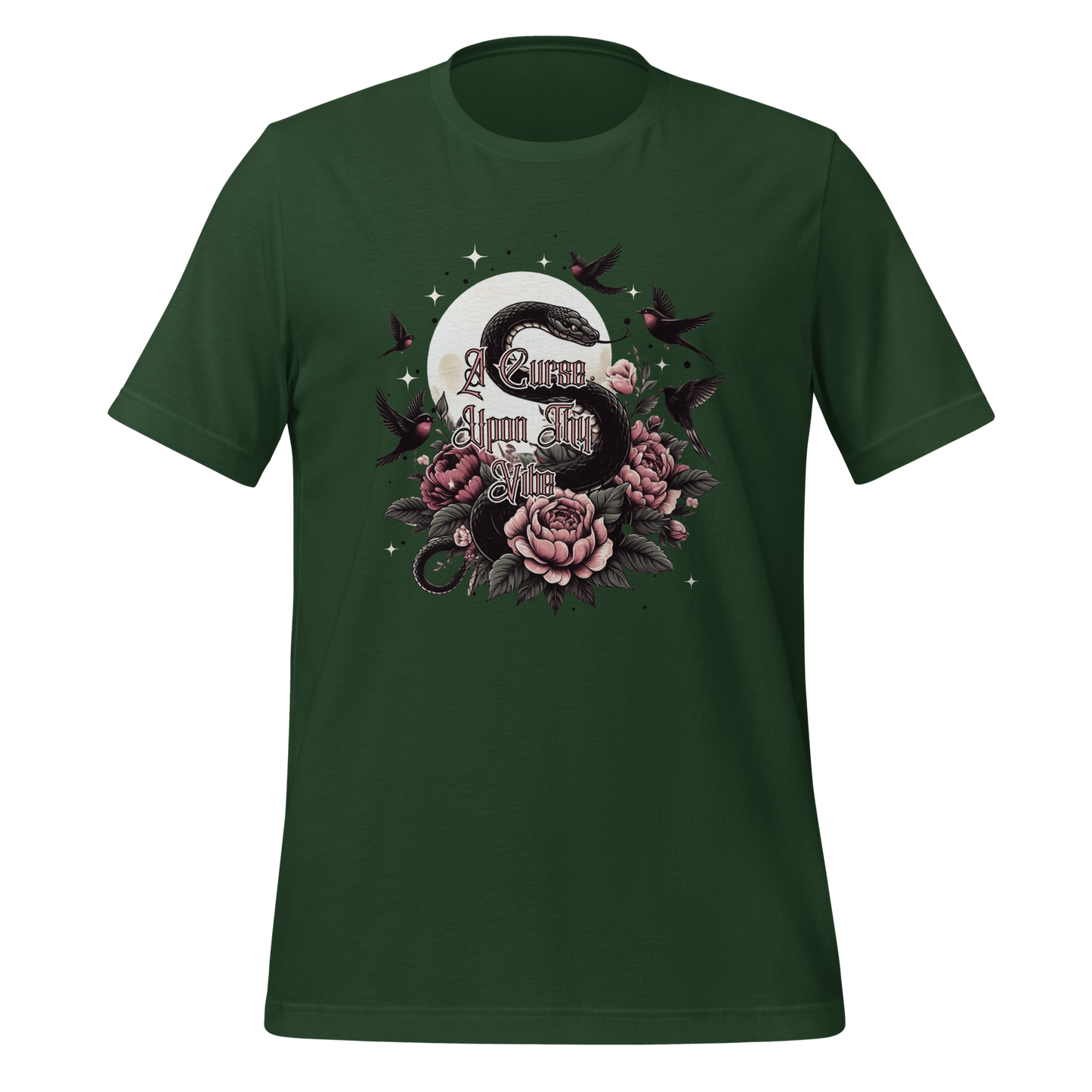 A Curse Upon Thy Vibe Tee | Snake Moon Tattoo Witch Shirt | Edgy Occult Floral | Womens Cotton T-Shirt