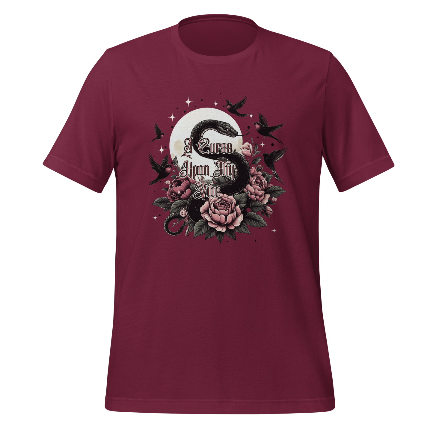 A Curse Upon Thy Vibe Tee | Snake Moon Tattoo Witch Shirt | Edgy Occult Floral | Womens Cotton T-Shirt