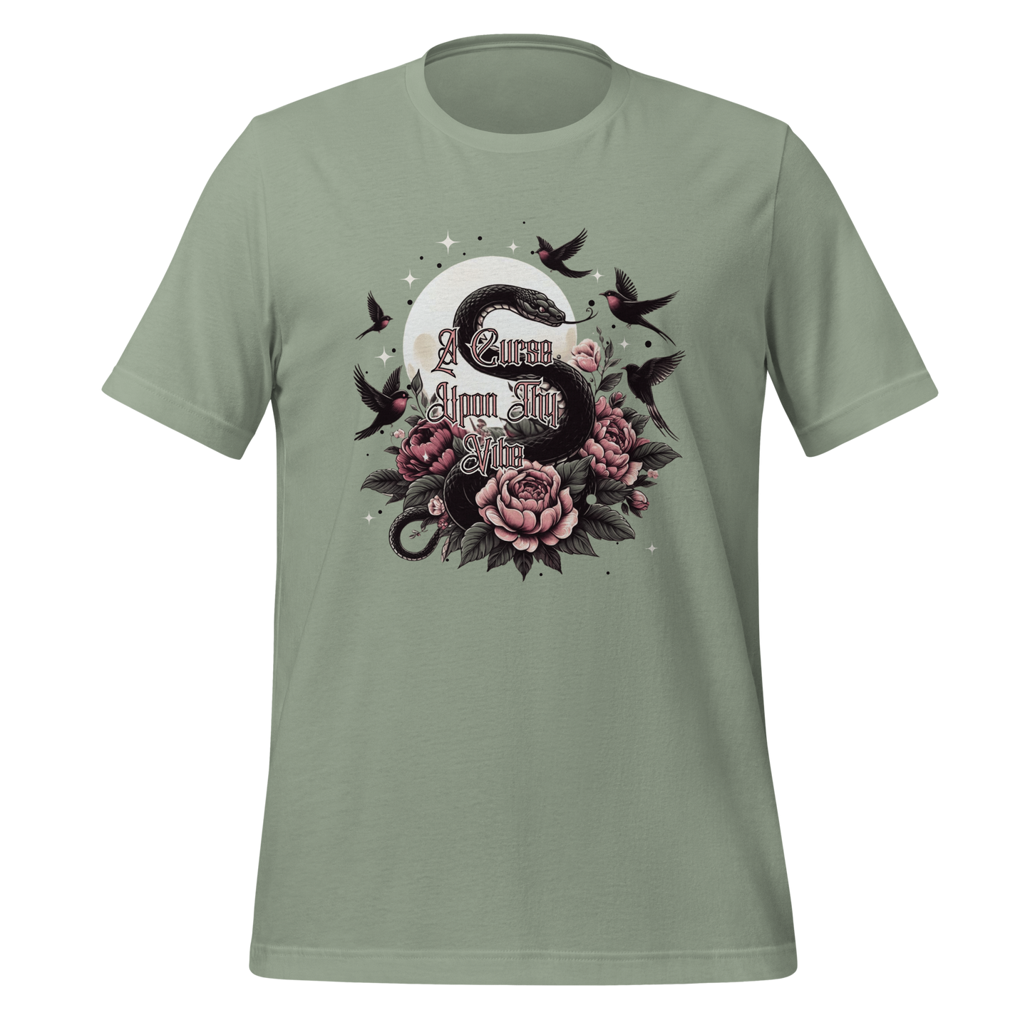 A Curse Upon Thy Vibe Tee | Snake Moon Tattoo Witch Shirt | Edgy Occult Floral | Womens Cotton T-Shirt