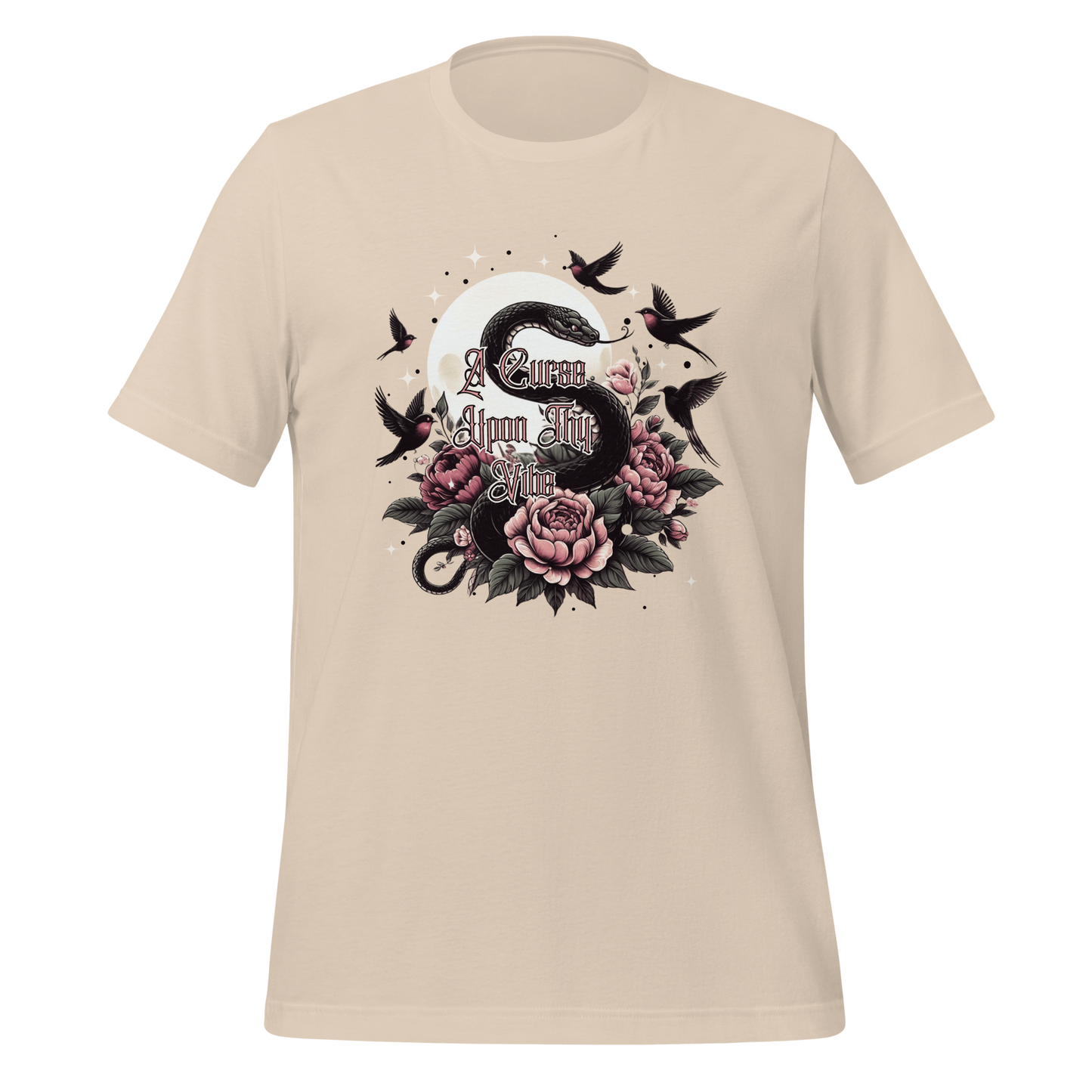 A Curse Upon Thy Vibe Tee | Snake Moon Tattoo Witch Shirt | Edgy Occult Floral | Womens Cotton T-Shirt