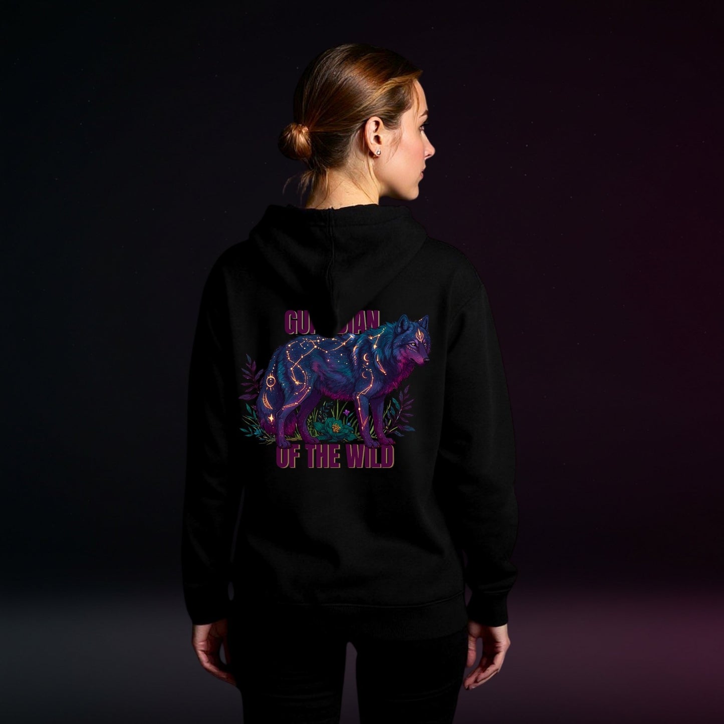 Guardian of the Wild Hoodie | Celestial Wolf in Teal & Maroon | Mystical Forest Vibes